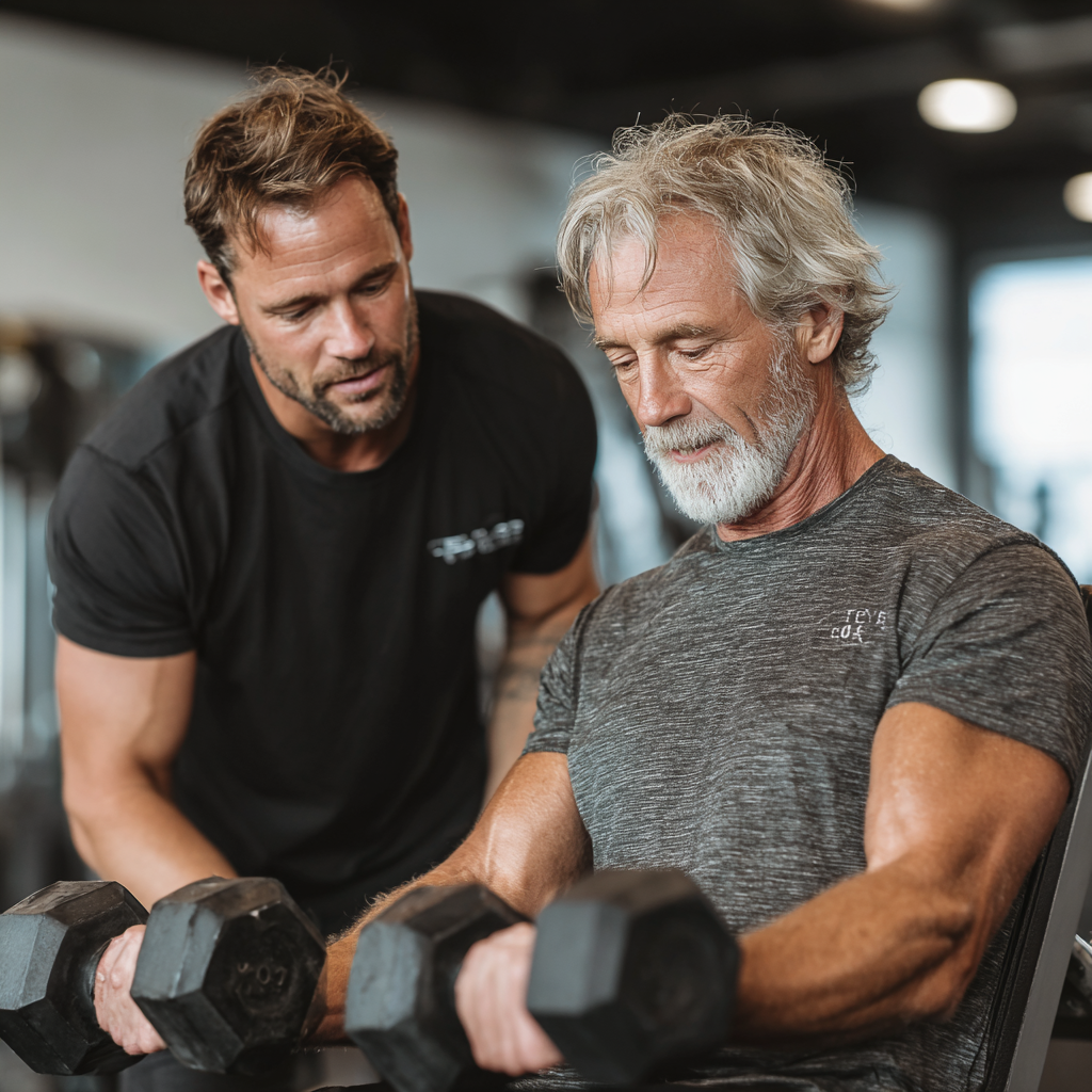 Персональний тренер працює з клієнткою віком 55 років над правильною технікою виконання вправ