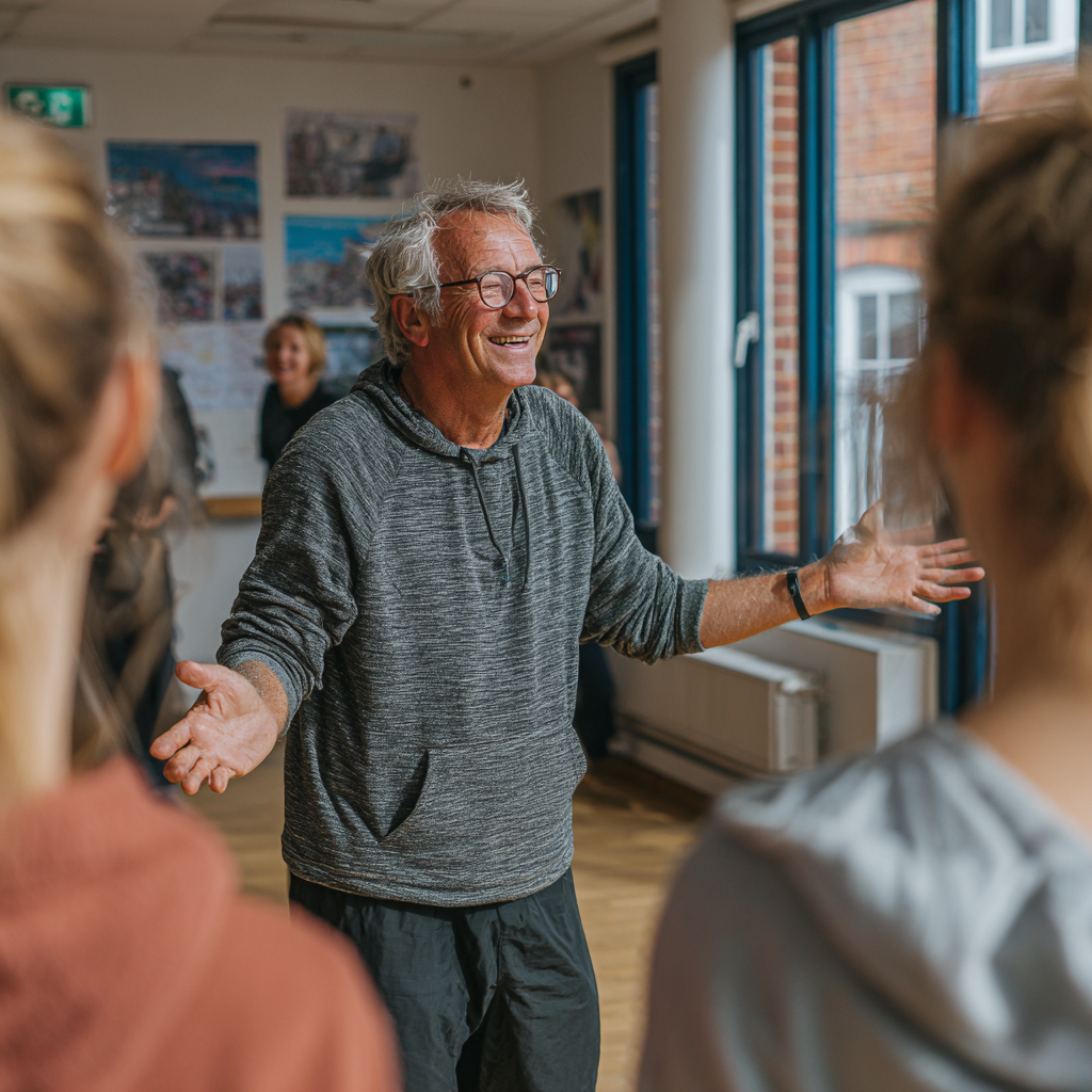 Інструктор віком 50-60 років демонструє правильну техніку виконання вправ групі учнів