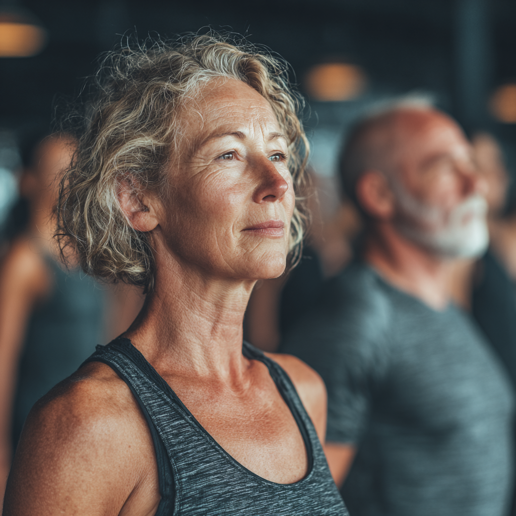 Група людей віком 50-60 років під час групового фітнес-тренування в залі